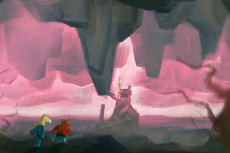 Two characters in a large cavern with pink glowing light, observing a rocky platform with a small house or structure.