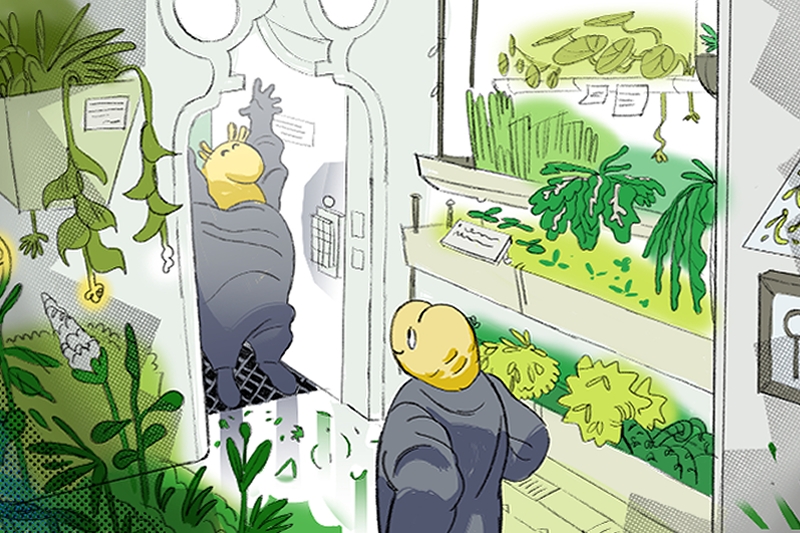 Two figures in gray suits in a room filled with various green plants.