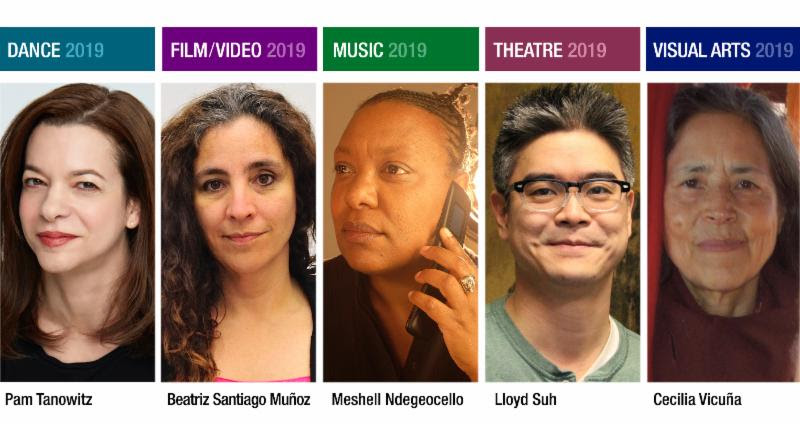 A collage of five individuals representing different arts: dance, film/video, music, theatre, and visual arts, each labeled with their category and year.