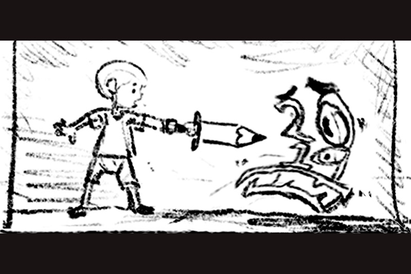 A child holding a sword pointed at a monster-like face.