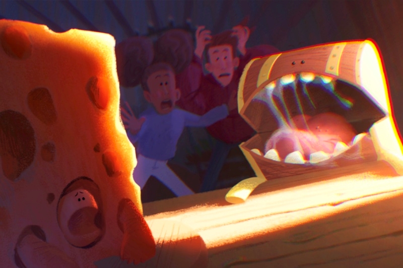 A slice of cheese with a face is next to a treasure chest with teeth and a glowing interior, while two shocked characters stand in the background.