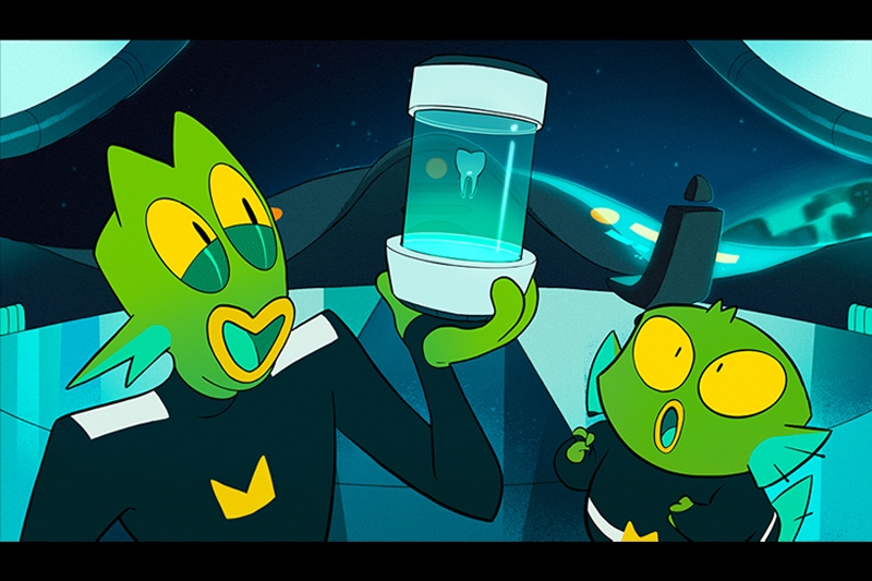 Two green fish-like characters in a spaceship, one holding a cylindrical container with a glowing tooth.