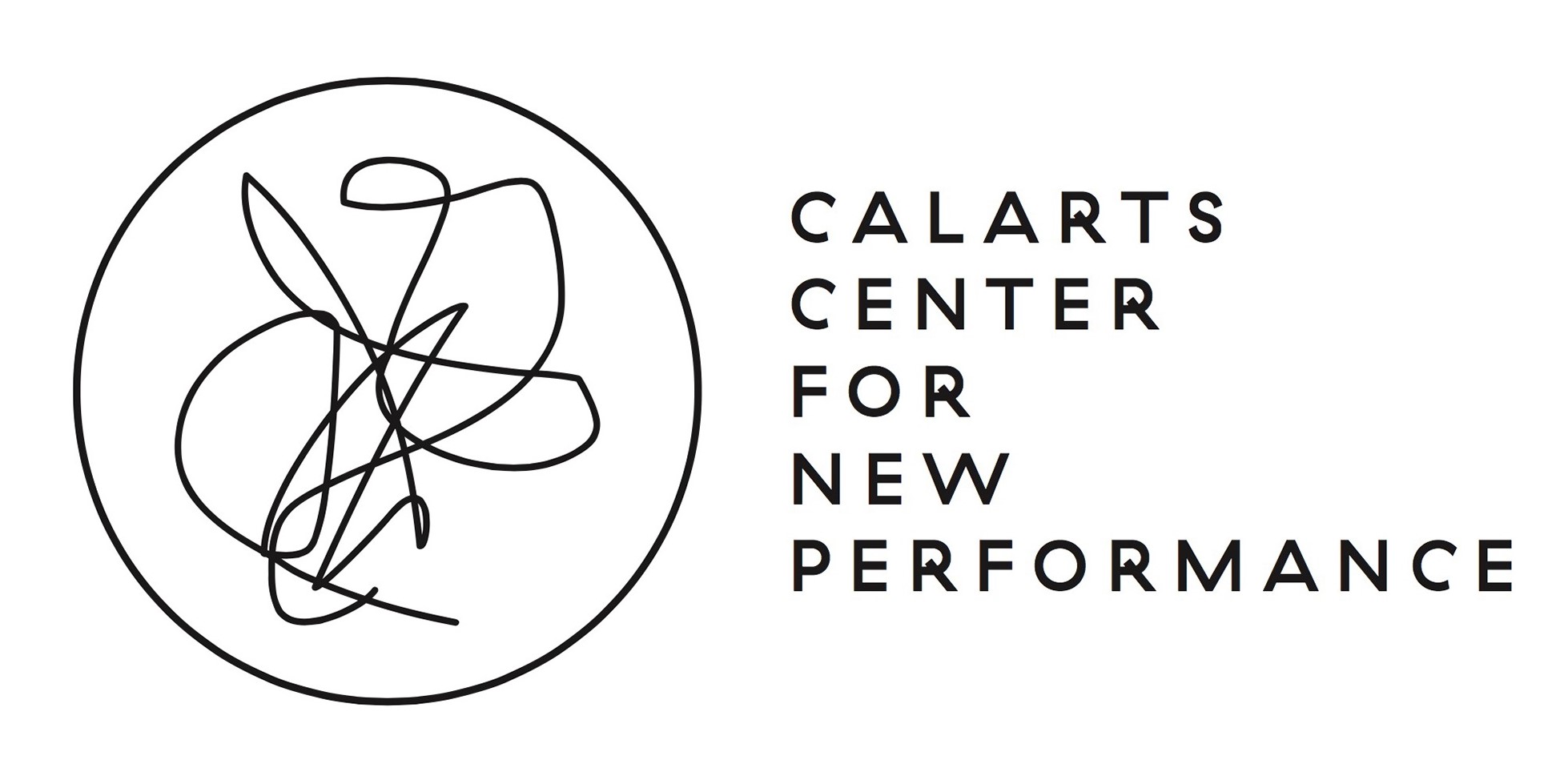 Abstract logo with scribble pattern and text "CALARTS CENTER FOR NEW PERFORMANCE."