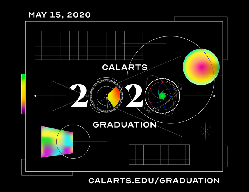 CalArts Graduation 2020 digital design with geometric and colorful elements on a black background.