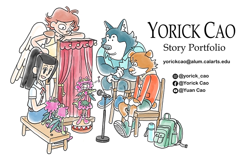 Illustration of anthropomorphic characters at a puppet show with text "Yorick Cao, Story Portfolio, yorickcao@alum.calarts.edu," and social media icons.