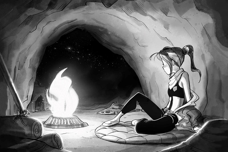 Person sitting in a cave near a glowing light or campfire, with a starry night visible through the entrance.