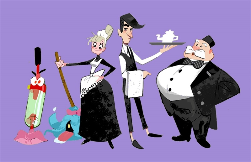 Four cartoon characters including a vacuum cleaner, maid, butler, and portly man in a tuxedo on a light purple background.