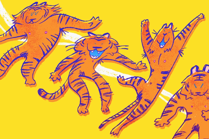 Illustration of four playful tigers with human-like bodies on a yellow background.