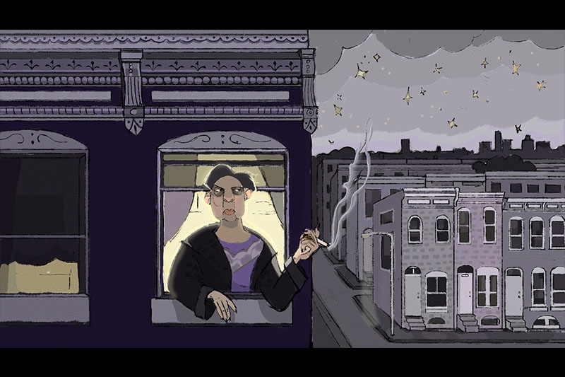 Illustration of a woman leaning out of a window at night, holding a cigarette, with a street scene and cloudy, starry sky in the background.