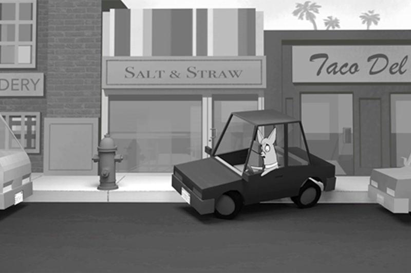 Animated rabbit driving a car parked on a city street in front of "Salt & Straw" and "Taco Del."