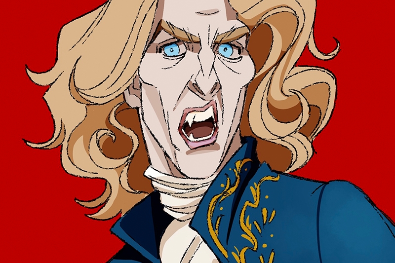 Animated character with blonde hair, blue coat, and fangs against a red background.