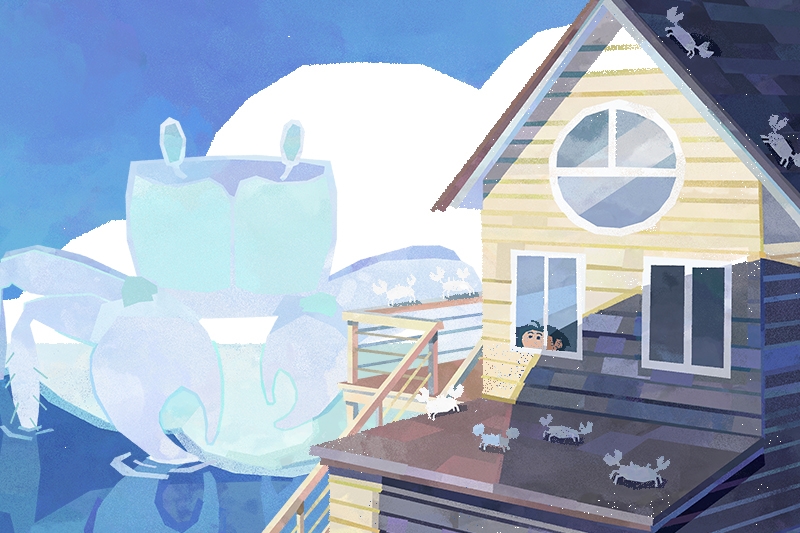 Illustration of a large icy crab near a yellow house with children peeking out the window and small crabs on the roof.