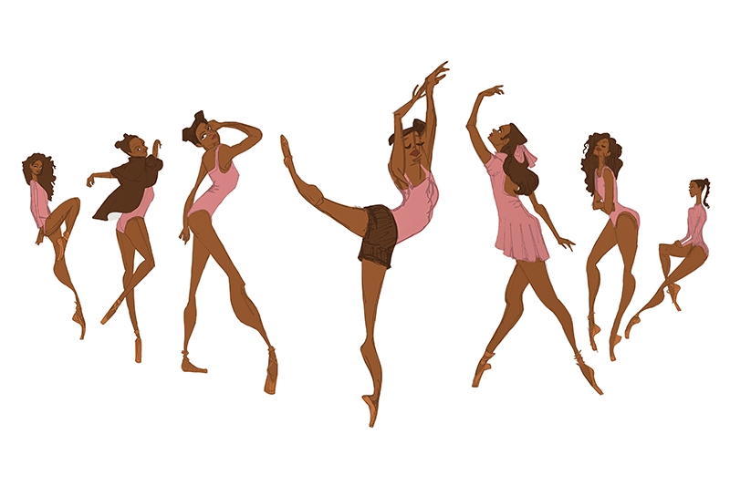 Illustration of seven female ballet dancers in various poses dressed in pink attire.