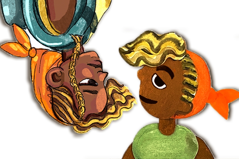 Two cartoon illustrations of the same character with brown skin, blonde curly hair, and an orange headscarf. One is upside down on the left, the other is upright on the right.