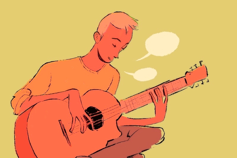 Illustration of a person playing an acoustic guitar with speech bubbles overhead.