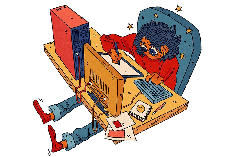 Illustration of a person multitasking at a cluttered desk with a computer and papers.