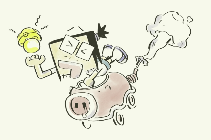 Cartoon of a startled figure holding a mushroom, riding a pig-shaped cart emitting smoke