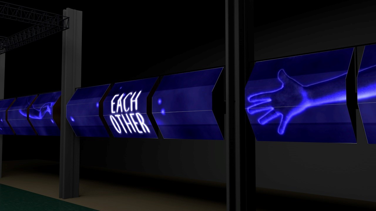 Digital display panels showing a glowing blue hand and the text "EACH OTHER."