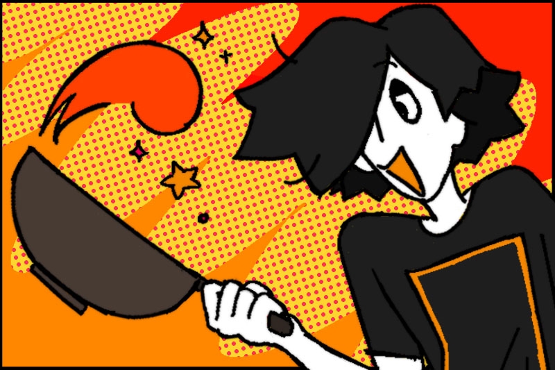 Cartoon character holding a frying pan with a dynamic, comic book-style orange and red background.