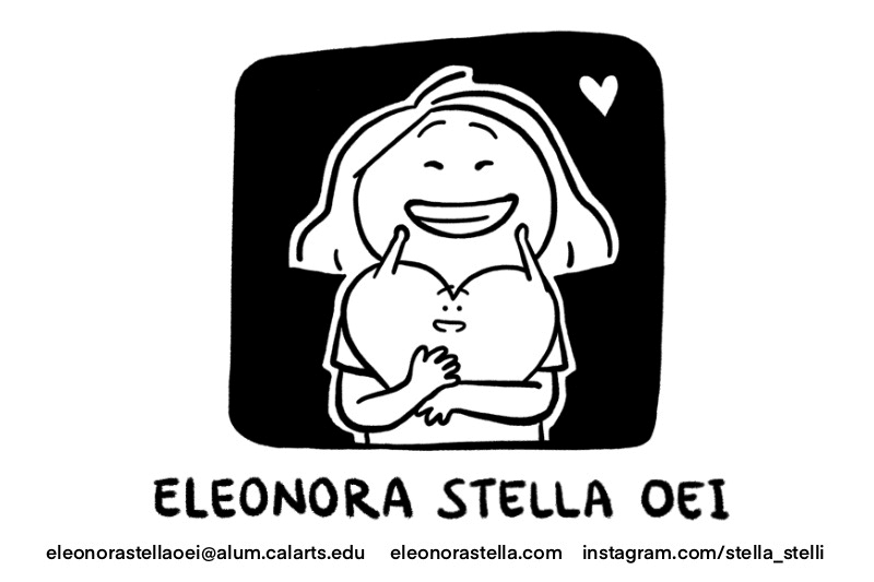 Cartoon of a character hugging a heart with the name "Eleonora Stella Oei" below.