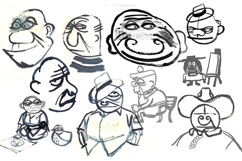 A collage of various cartoon-style sketches of human faces and figures with different expressions.