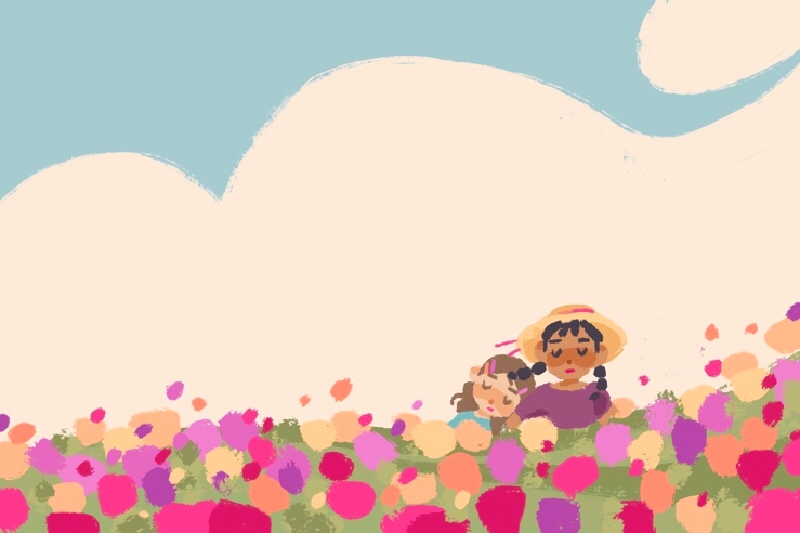 Illustration of two children sitting in a colorful field of flowers with a large cloud and blue sky in the background.