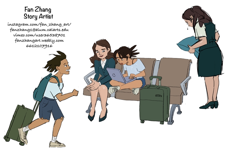 Illustration of a child running with a suitcase and three people in an airport setting, two seated engaging with a laptop, and one standing with documents.