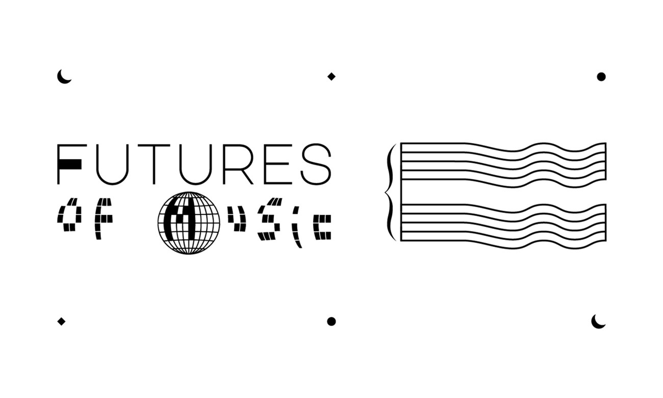 Modern black and white graphic with the text "FUTURES OF MUSIC" and abstract wavy line design.