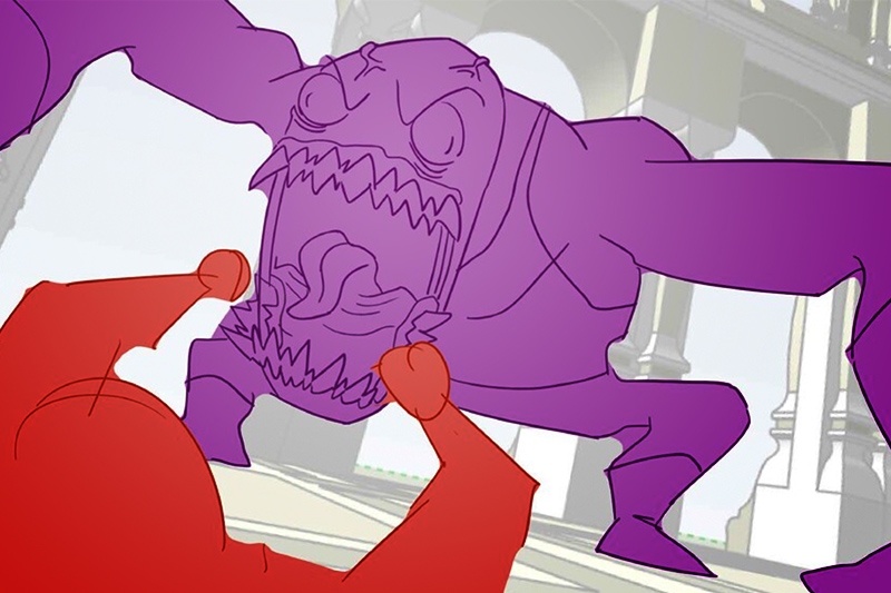 A red figure grappling with a large purple monster in a hall with arches and columns.