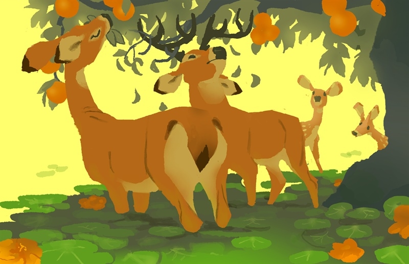 Illustration of two adult deer and two fawns under an orange tree.