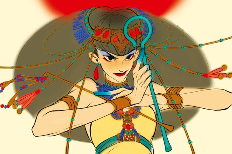 Stylized character with a headdress holding a staff, making a defensive gesture.