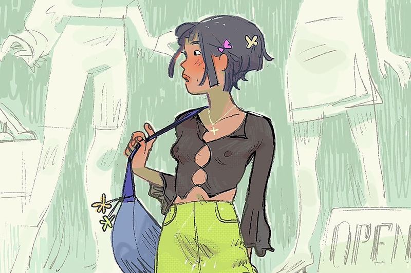 An illustration of a young woman with short dark hair and colorful hair clips, wearing a black top and yellow-green pants, carrying a blue bag with a flower charm.