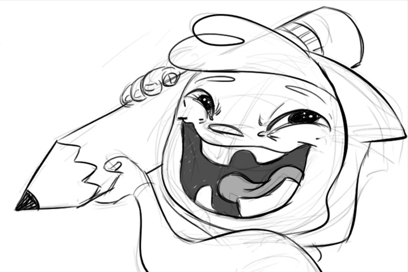 Black-and-white sketch of a happy cartoon character holding a large pencil.