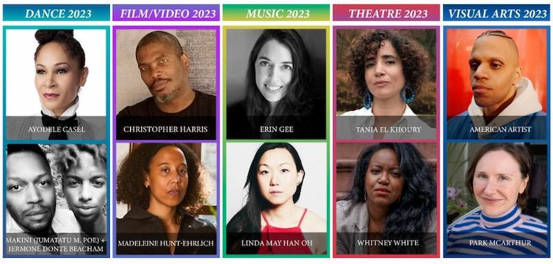 Collage of portraits highlighting artists from various disciplines in 2023, including dance, film/video, music, theatre, and visual arts.