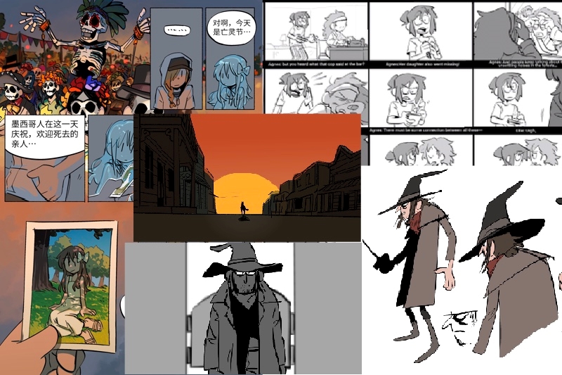 A collage of various comic-style illustrations and sketches featuring characters in multiple scenes, including a parade, a photograph, and silhouetted scenery.