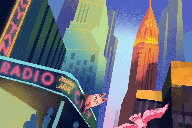 Colorful cityscape with a Radio City Music Hall neon sign, cartoon cat perched on the sign, and a bird in flight.