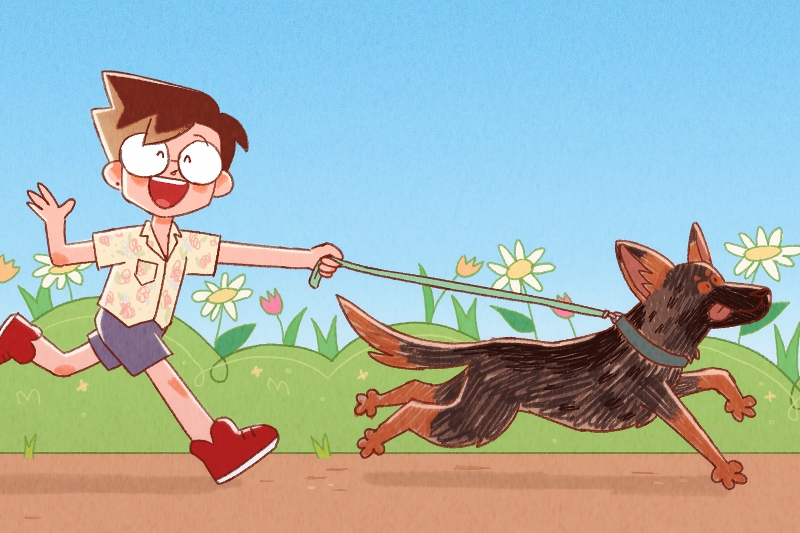 Animated boy being pulled by a dog on a leash in a floral field under a clear sky.