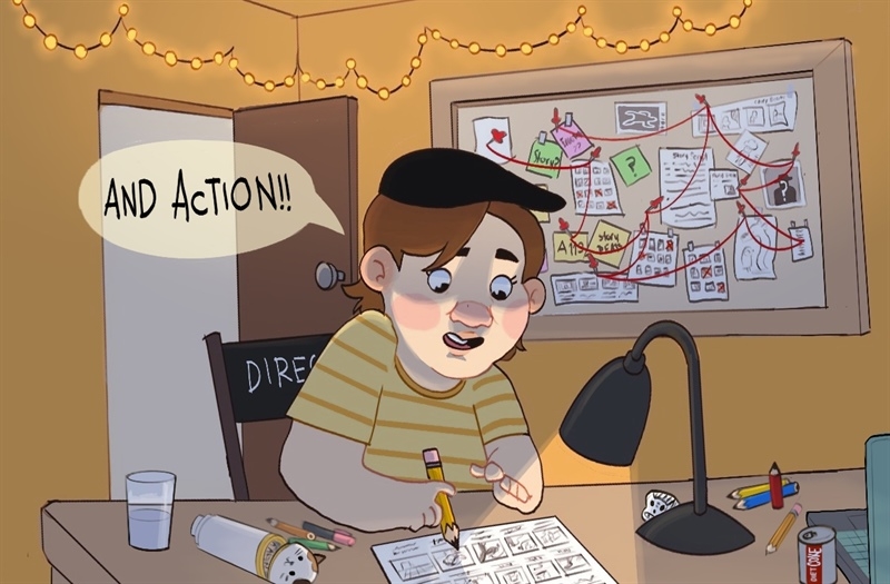 A young person drawing at a desk with a storyboard, surrounded by various items, saying "AND ACTION!!". A bulletin board with pinned papers and strings is in the background.