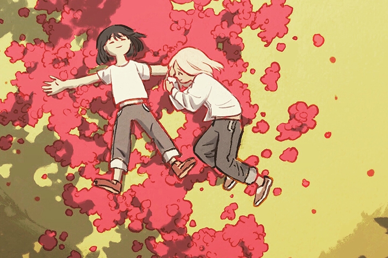 Two characters lying on a bed of red flowers with a yellow background.