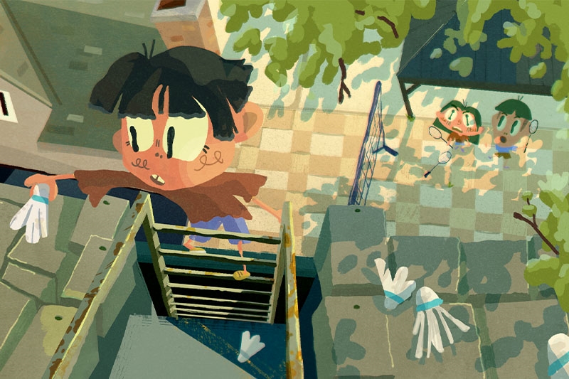 Cartoon of a child on a fire escape, holding a badminton shuttlecock, with two other children playing badminton below.