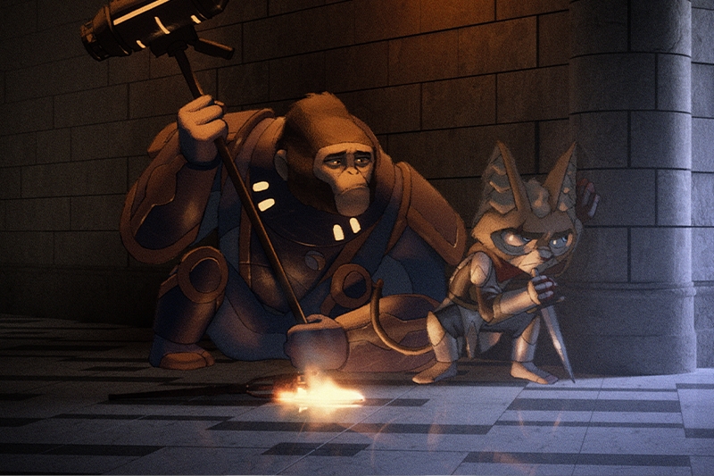 Animated gorilla in armor crouches with a hammer next to a small armored cat-like character with a sword in a dim hallway.