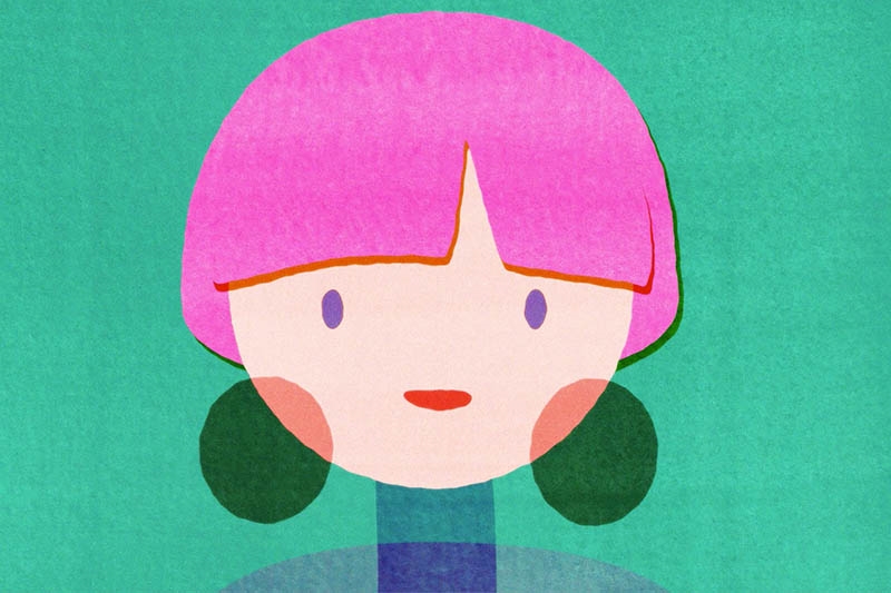 Stylized illustration of a face with pink hair, green earrings, purple eyes, and a small red mouth on a teal background.