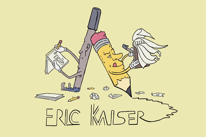 Anthropomorphic pen and pencil drawing with scattered paper and the text "ERIC KAISER" below.