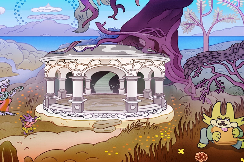 Whimsical scene with a gazebo, ocean backdrop, and animated characters including a flute player, dancing creature, and a relaxing yellow character.