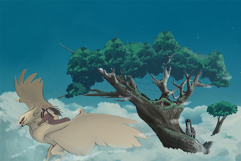 Flying creature with rider beside a massive tree in a fantastical sky.