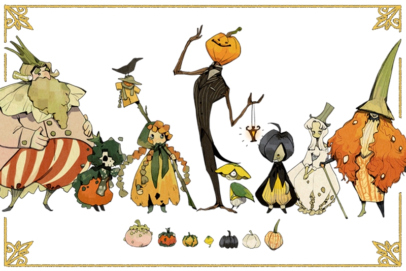 Whimsical pumpkin characters standing in a row with smaller pumpkin-themed objects below them against a white background.