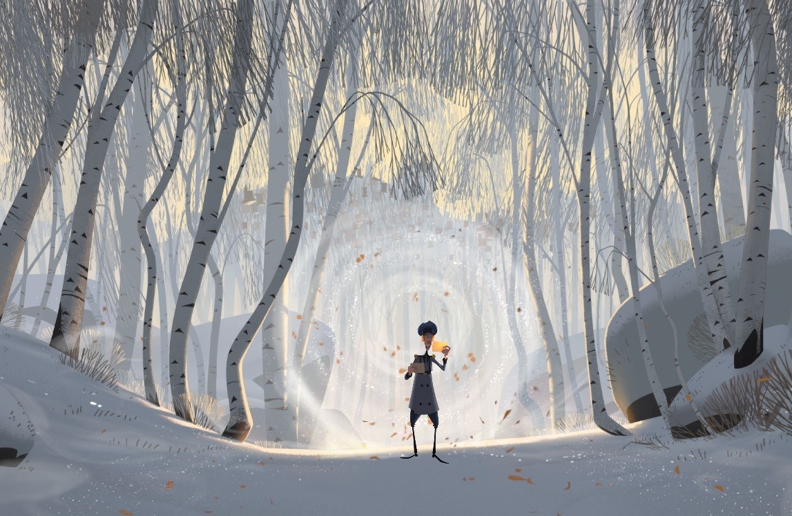 A snowy forest path with birch trees and a figure holding a glowing object.