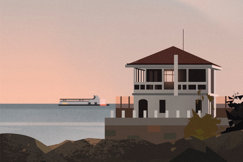 Coastal scene with a two-story house and a boat in the distance during sunset or sunrise.