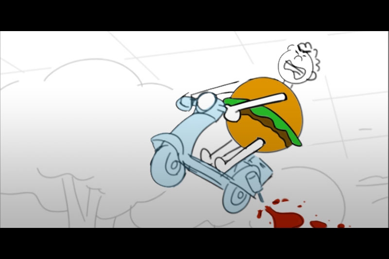 Cartoon character with a hamburger torso riding an airborne scooter above a red splatter.