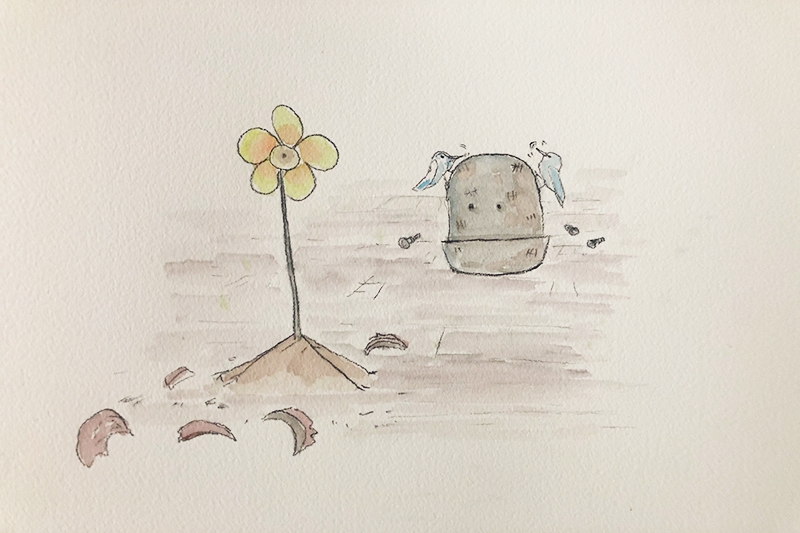 Watercolor painting of a yellow flower and a cylindrical stone object with two birds, on a sparse, brownish terrain.